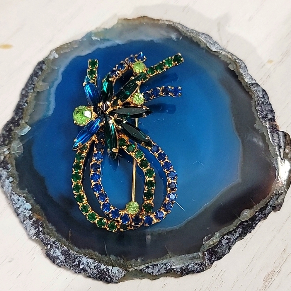 Vintage Blue & Peridot Green Rhinestone Floral Skinny Navette Vintage Brooch